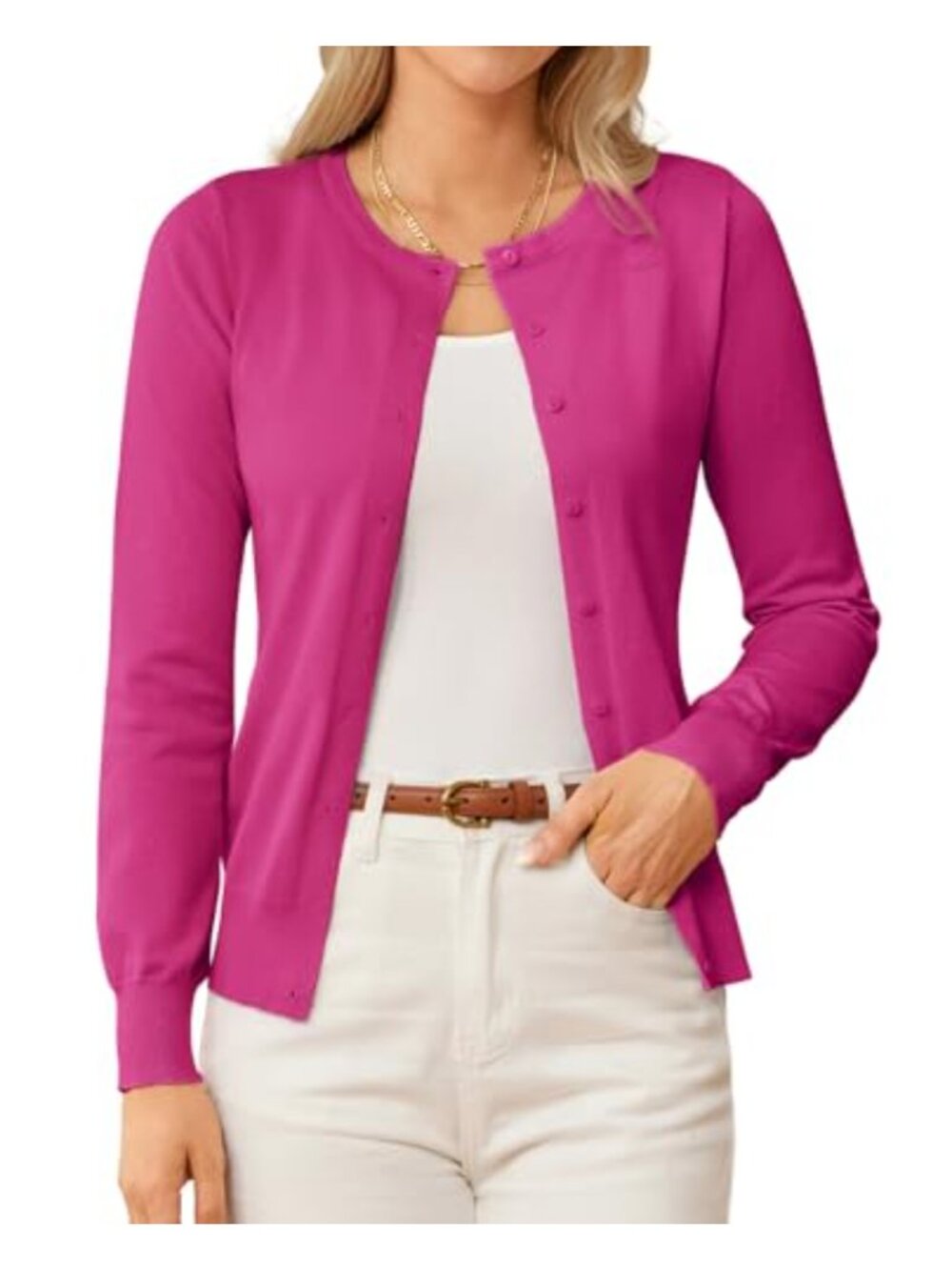 Knit Button Down Cardigan Lightweight Crew Neck Long Sleeve Women's Layer